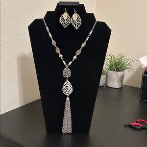 Ruby Rd. Silver and Gold Necklace and Earrings with Leaf and Tassel Design